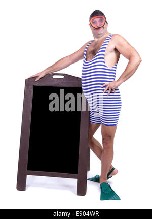Man in swim dress standing beside the menu Stock Photo