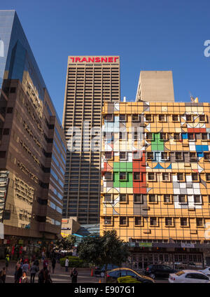 JOHANNESBURG, SOUTH AFRICA - Fanuel Motsepe's colorfully painted building, corner of Fox and Von Brandis Streets, downtown. Stock Photo