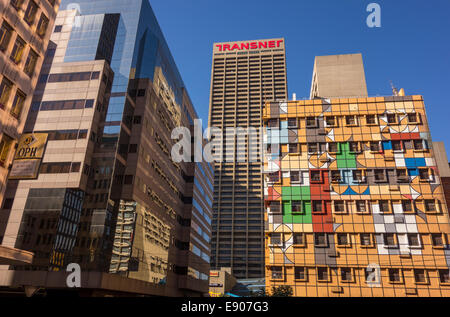 JOHANNESBURG, SOUTH AFRICA - Fanuel Motsepe's colorfully painted building, corner of Fox and Von Brandis Streets, downtown. Stock Photo