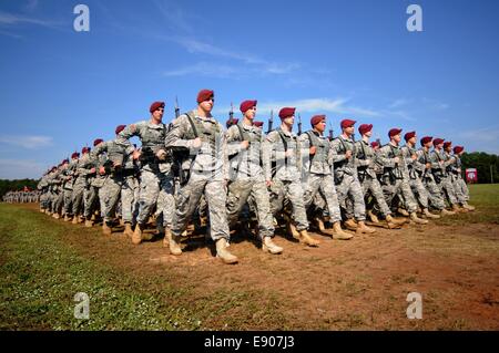 U.S. Army paratroopers assigned to the 82nd Airborne Division march across Pike Field during the change of command ceremony for Stock Photo