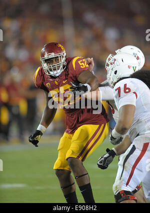 August 30, 2014, Los Angeles, CA. USC Trojans defensive tackle (52) Delvon Simmons in action beating the Fresno State bulldogs 52-13 on Saturday night. The Trojans ran a school- and Pac-12-record 105 plays while racking up 37 first downs and 701 yards of total offense to Fresno States 17 first downs and 317 yards, at the Los Angeles Memorial Coliseum, on August 30, 2014. (Mandatory Credit: Jose Marin/MarinMedia.org/Cal Sport Media) (ABSOLUTELY - ALL Complete photographer, and company credit(s) required) Stock Photo