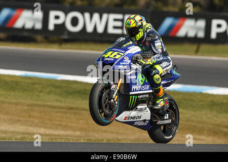 Phillip Island, Australia. 17th October, 2014. Valentino Rossi puts on a display for the crowd at the end of free practice at the Australian Motorcycle Grand Prix. Rossi managed to finish the day fifth fastest overall. Credit:  Russell Hunter/Alamy Live News Stock Photo