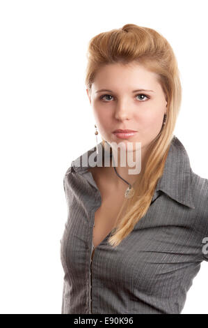 Blonde long-haired girl in gray shirt on white background Stock Photo