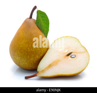 Yellow sliced pears with green leaf isolated Stock Photo