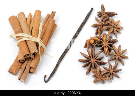 cinnamon, anise stars and vanilla, on white background Stock Photo