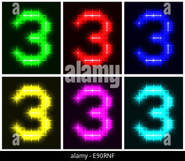 Set a glowing symbol of the number 3 Stock Photo