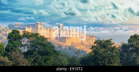 Indian landmarks - panorama with Amber fort. Jaipur city Stock Photo