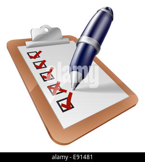 An illustration of a pen writing on clipboard giving feedback or completing a survey Stock Photo