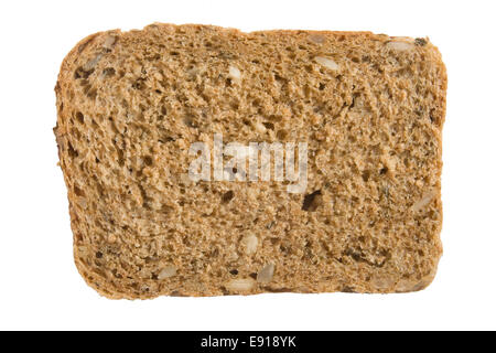 Piece of 7-grain bread over white background Stock Photo