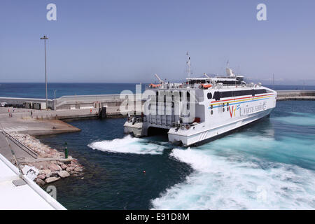 Tarifa Spain a Virtu Ferries ferry boat arrives in Tarifa port on a service from Tangier Morocco Stock Photo