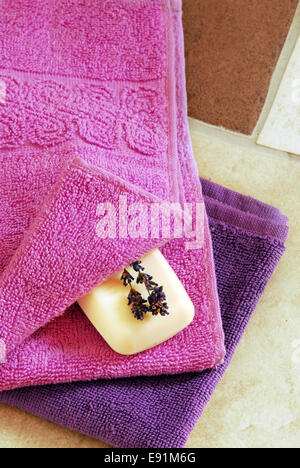 White Spa Towels Pile Lavender Candles Stock Photo 162709631