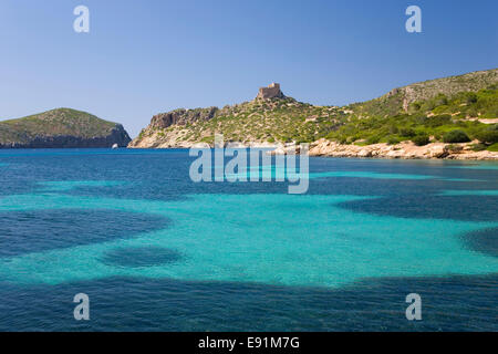 Island of Cabrera, Mallorca, Balearic Islands, Spain. View across bay to the 14th century castle. Stock Photo