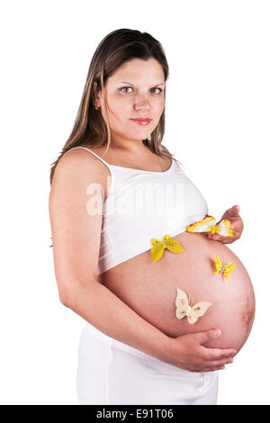 Pretty pregnant woman with butterflies Stock Photo