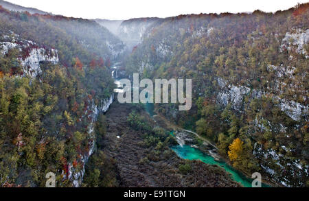 Plitvice lakes national park canyon in fog Stock Photo