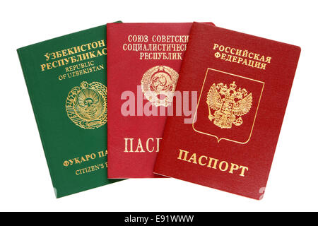 Russian, Uzbekistan and old USSR passports Stock Photo