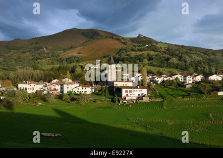 France, Pays Basque, Atlantic Pyrenees, Labourd, Ainhoa, the village  and sheeps in the pastures Stock Photo