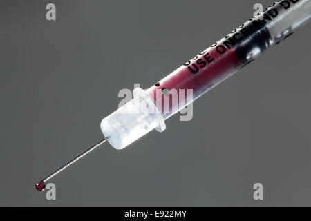 Close up of drop of blood on needle Stock Photo