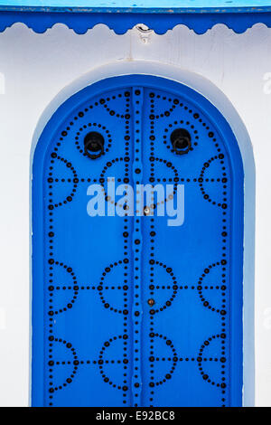 A typical blue, studded wooden door in Sidi Bou Said, Tunisia. Stock Photo