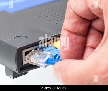 Cat 5 cables in multiple colors in router Stock Photo