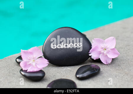 Stone with the word Balance and flowers Stock Photo