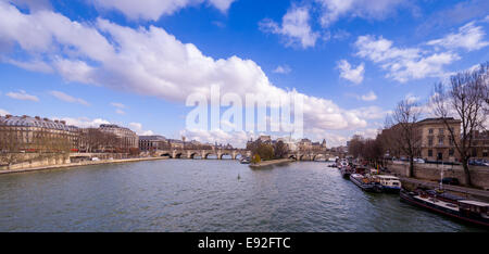 The Seine River with a view of the Ile de la Cite,Pont Neuf and left and right banks Paris France. Stock Photo
