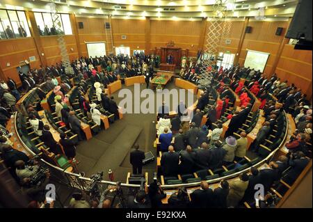 Maseru, Lesotho. 17th Oct, 2014. Members of Lesotho's Parliament attend the reconvention of the Parliament in Maseru, Lesotho, on Oct. 17, 2014. Lesotho's Parliament was reconvened on Friday after a four-month closure, achieving the first step of a peace deal aimed at resolving weeks of political crisis sparked by an attempted military coup late August in the southern African Kingdom. Credit:  CGIS/Elmond Jiyane/Xinhua/Alamy Live News Stock Photo