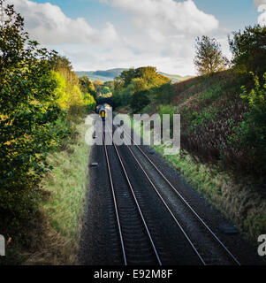 Passenger train on the Settle to Carlisle railway at Stainforth, Yorkshire Dales, UK. Stock Photo