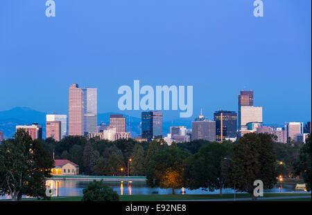 Denver Colorado skyline from the City Park at twilight Stock Photo