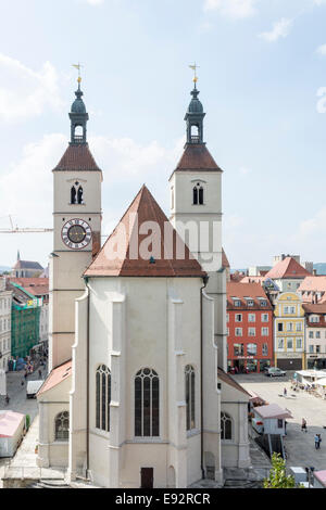 REGENSBURG, GERMANY - SEPTEMBER 10: View over the Neupfarrplatz in Regensburg, Germany on September 10, 2014. Tourists are in th Stock Photo