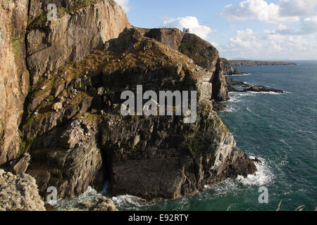 The Wales Coastal Path in North Wales. Picturesque view of the RSPB Ellin’s Tower on the south coast of Holy Island. Stock Photo