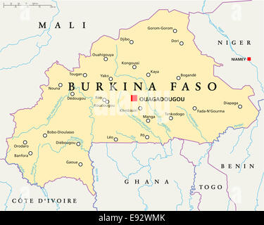 Burkina Faso Political Map with capital Ouagadougou, national borders, most important cities, rivers and lakes. English labeling Stock Photo