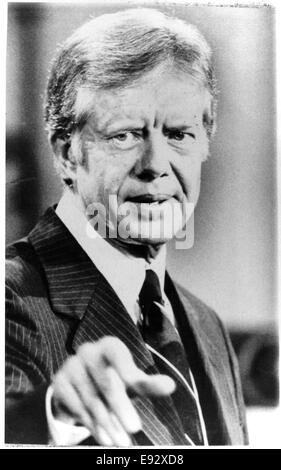 Jimmy Carter, President of the United States, Portrait during News Conference regarding US Hostages at American Embassy in Tehran, Iran, 1979 Stock Photo