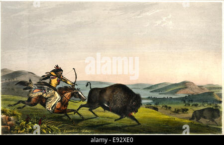 Hunting the Buffalo, Rice Rutter & Co, from a Painting by Peter Rindisbacher 'Assiniboin Hunting on Horseback', 1836 Stock Photo