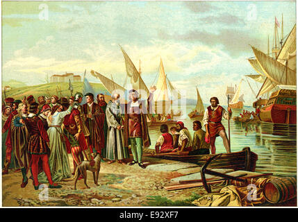 Embarkation and Departure of Columbus from the Port of Palos, on his First Voyage of Discovery, 3 Aug 1492, Painting by Ricardo Balaca Stock Photo