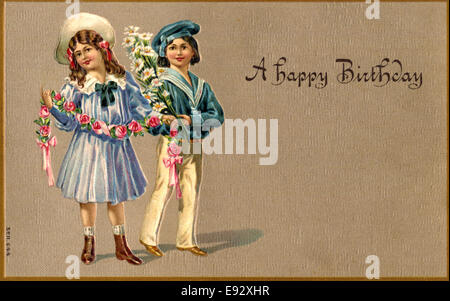 Girl and Boy with Flowers, 'A Happy Birthday', Postcard, circa 1910 Stock Photo