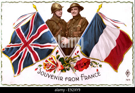 French and British Soldier Shaking Hands behind Union Jack and French Flags, World War I, 'Souvenir from France, French Postcard, circa 1918 Stock Photo