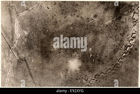 High Angle View of Battlefield with Five Tanks in Action, Soissions, France, WWI, circa 1917 Stock Photo