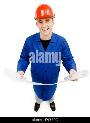 Happy engineer looking up while holding project plans in both hands Stock Photo