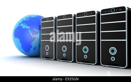 Server row and earth (done in 3d) Stock Photo