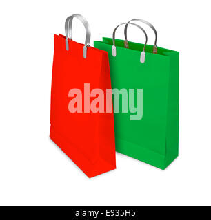 Two Shopping Bags red, green, opened and closed isolated on white. There is a different path for each bag Stock Photo