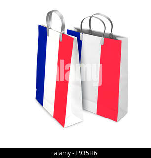 Two Shopping Bags opened and closed with french flag isolated on white. There is a different path for each bag Stock Photo