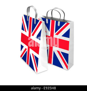 Two Shopping Bags opened and closed with UK flag isolated on white. There is a different path for each bag Stock Photo