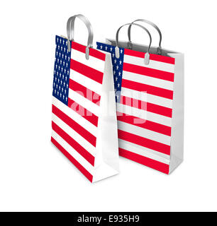 Two Shopping Bags opened and closed with USA flag isolated on white. There is a different path for each bag Stock Photo