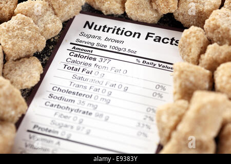 Nutrition facts of brown cane sugars with sugars background Stock Photo