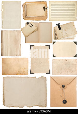 set of old paper sheet, bookpage, cardboard, envelope, photo frame with corner isolated on white background Stock Photo