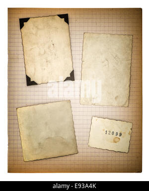 old photo frames and mathe book page isolated on white background. aged paper Stock Photo