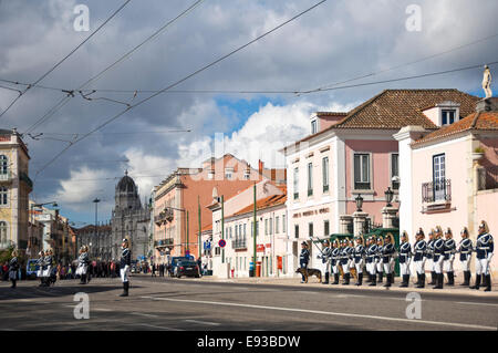 Horizontal wide angle view of the changing of the guard in Belem, Lisbon. Stock Photo