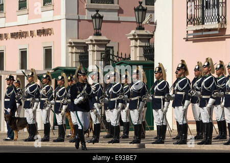 Horizontal street view of a regiment at the changing of the guard in Belem, Lisbon Stock Photo