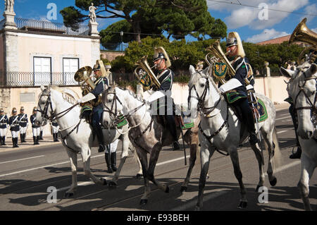 Horizontal view of mounted soldiers at the changing of the guard in Belem, Lisbon. Stock Photo