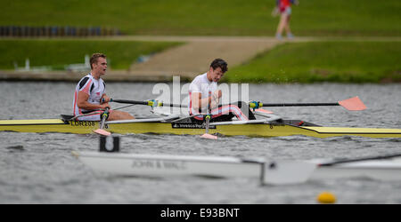 Nottingham, UK. 18th Oct, 2014. British Rowing Championships. Myles Cannings and William New of Leander Club celebrate winning their Lightweight Doubles semi final. Credit:  Action Plus Sports/Alamy Live News Stock Photo